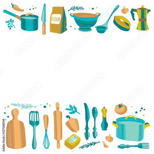 Kitchen tools. Vector decorative frame in flat hand drawn style.