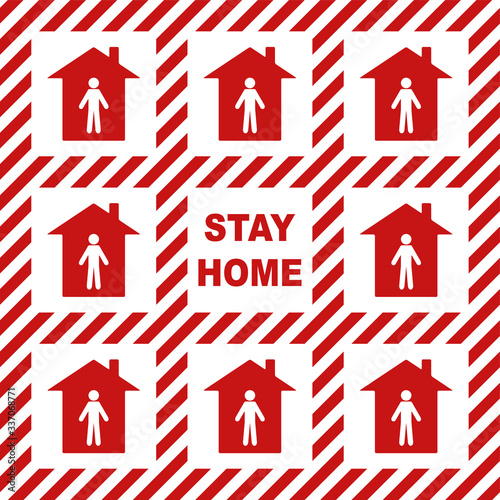Red-white icons of people in houses separated by a safety tapes and text STAY HOME. Self isolation and quarantine  to protect against the coronavirus pandemic. Vector infographic isolated on white bac