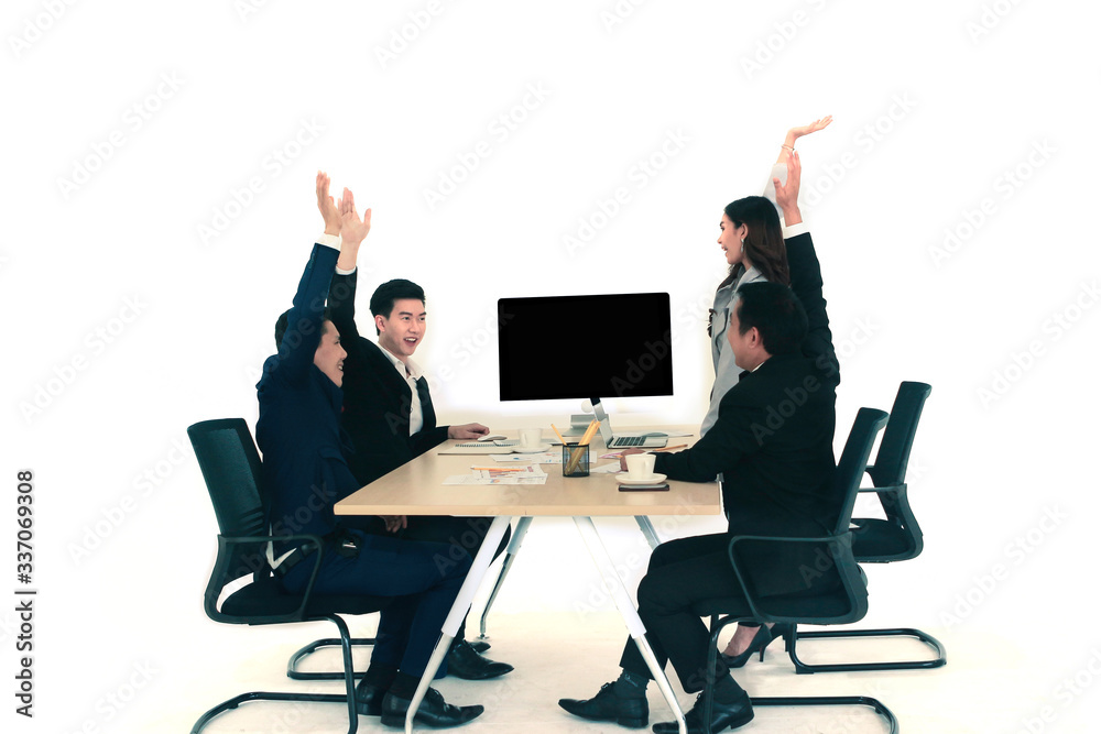 Business people discussing about project work, raising hands for participation vote at office desk, meeting and conference discussion corporate concept. Business people discussing about project work, raising hands for participation vote at office desk, meeting and conference discussion corporate concept.