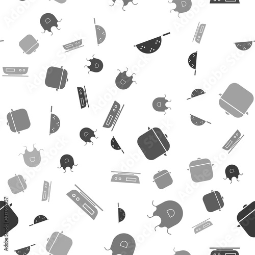 Set Kitchen colander, Kitchen apron, Cooking pot and Electronic scales on seamless pattern. Vector