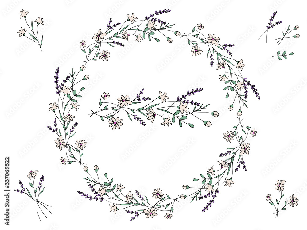 Decorative cute colored wreath of simple flowers and plants in doodle style. Lavender. Provence. Chamomile. Pattern brush. Elements of the wreath. Isolated objects on a white background.
