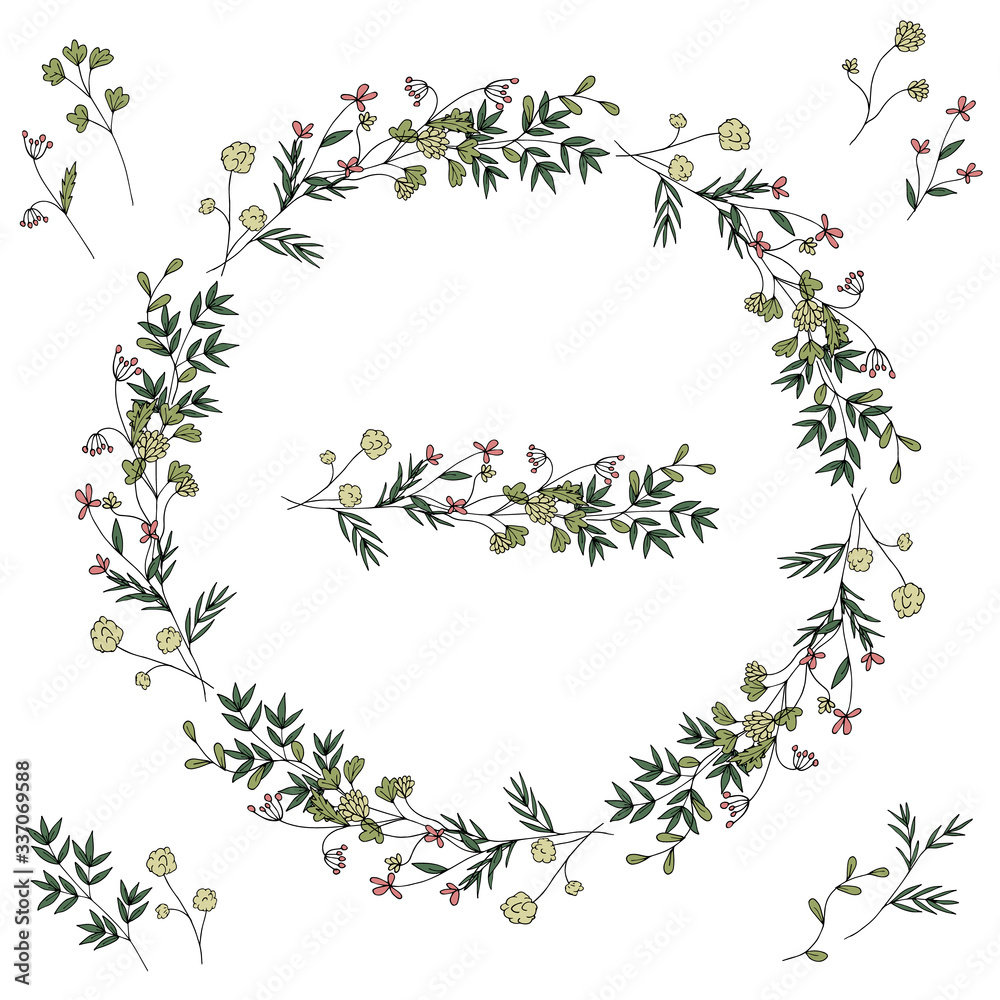 Decorative beautiful wreath of forest flowers and plants in doodle style. Pattern brush for decoration. Cute pink flowers and green leaves. Isolated objects on a white background.