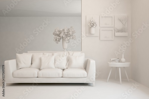 White minimalist living room with sofa. Scandinavian interior design. 3D illustration