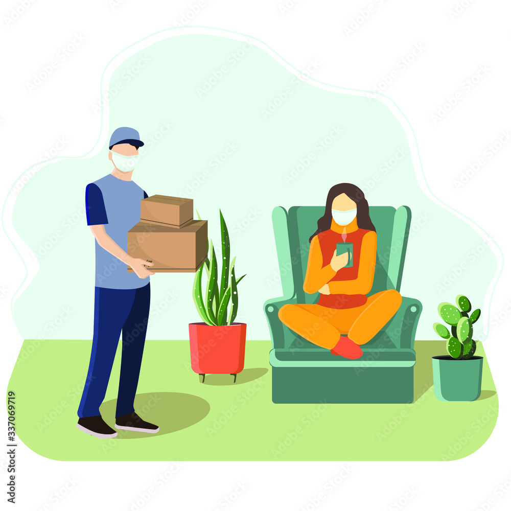home delivery of goods and goods by courier. people in medical masks. the girl has the flu. conceptual illustration, vector in flat style
home delivery of goods and goods by courier. people in medical masks. the girl has the flu. conceptual illustration, vector in flat style