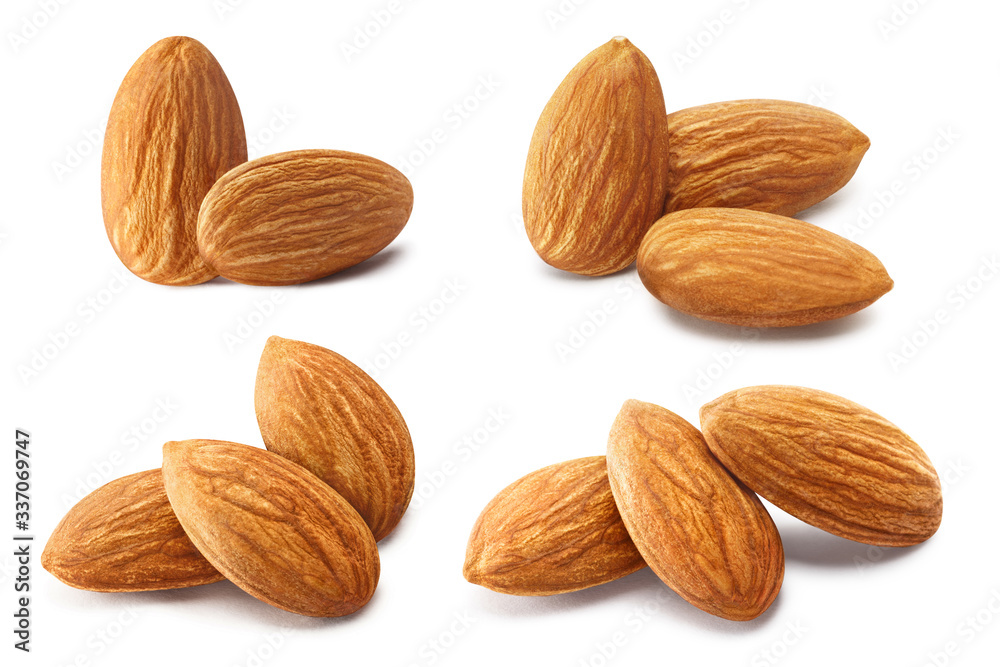 Collection of almond heaps, isolated on white background Collection of almond heaps, isolated on white background