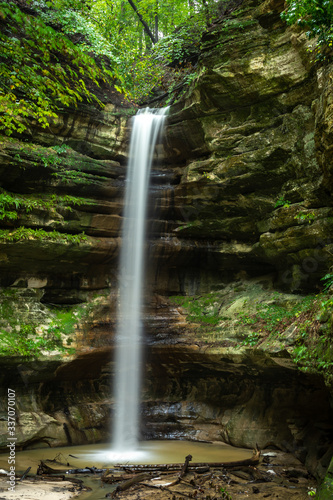 Waterfall in St. Louis Canyon flowing after a Fall rain. Starved Rock State Park, Illinois, USA