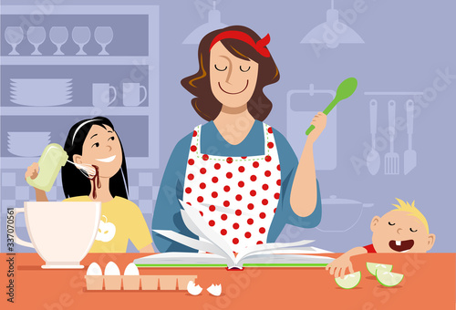 Woman with her two kids baking, using a cookbook, EPS 8 vector illustration