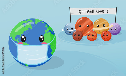 Earth day concept. this planet wearing medical mask. sick earth, other planets give encouragement, Get well soon. solar system family in cartoon vector illustration.