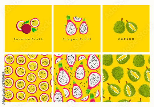 Set of Fresh juicy Dragon fruit, Passion Fruit and Durian. Cut in half. Pre-made cards and seamless patterns. Tasty slice or piece. Hand drawn colored Vector illustrations. All elements are isolated