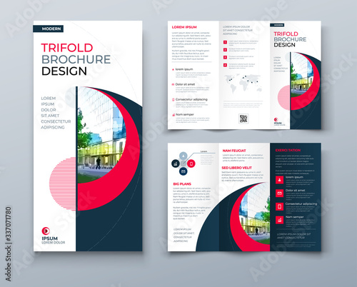 Tri fold brochure design with circle, corporate business template for tri fold flyer. Layout with modern photo and abstract circle background. Creative concept folded flyer or brochure.