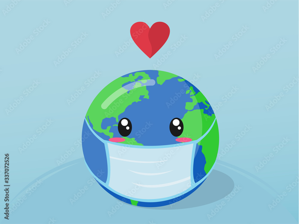 Obraz premium Planet earth wearing a protection medical mask. mother earth day stop the corona virus with love. save the planet, sustainable development . vector illustration