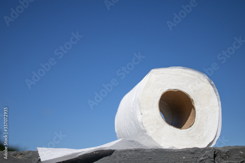Um rolo de papel higiênico deitado em cima de um tablado de fronte ao horizonte azul photo