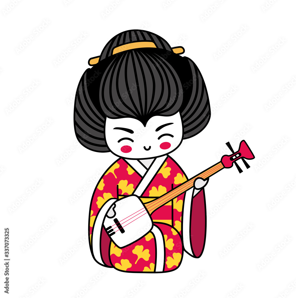 Geisha with shamisen. Kawaii japanese cartoon character. Girl with musical instrument, wearing red kimono. Vector illustration. Geisha with shamisen. Kawaii japanese cartoon character. Girl with musical instrument, wearing red kimono. Vector illustration.