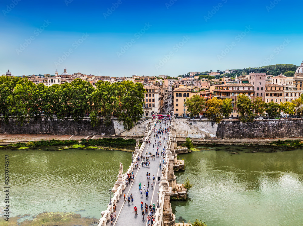 Top view of the city of Rome and the Tiber river with the bridge of San Angelo from the castle of San Angelo. Rome, Italy