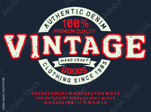 Denim Clothing print for t-shirt or apparel. Retro artwork for fashion and printing. Old school vector graphic with denim theme and typography. Vintage effects are easily removable.Vintage Font for la