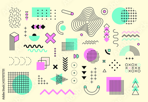 Abstract memphis design elements mega set. Vector geometric line graphic shapes, modern hipster circle triangle square template trendy colorful illustration. Retro style texture