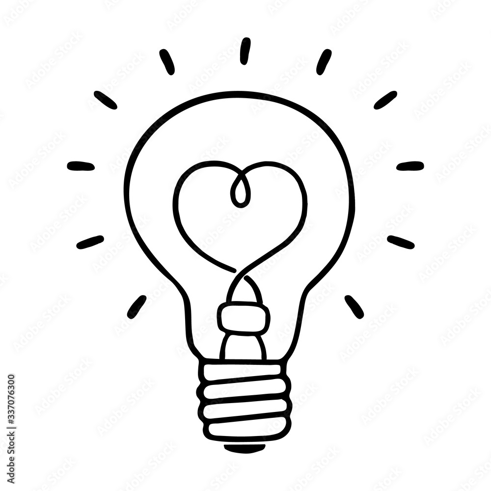 Sparkling light bulb icon on a white background. heart shaped incandescent spiral. Isolated object. Icon, Symbol. Baby doodle style. Hand made black sketch. Vector illustration Sparkling light bulb icon on a white background. heart shaped incandescent spiral. Isolated object. Icon, Symbol. Baby doodle style. Hand made black sketch. Vector illustration