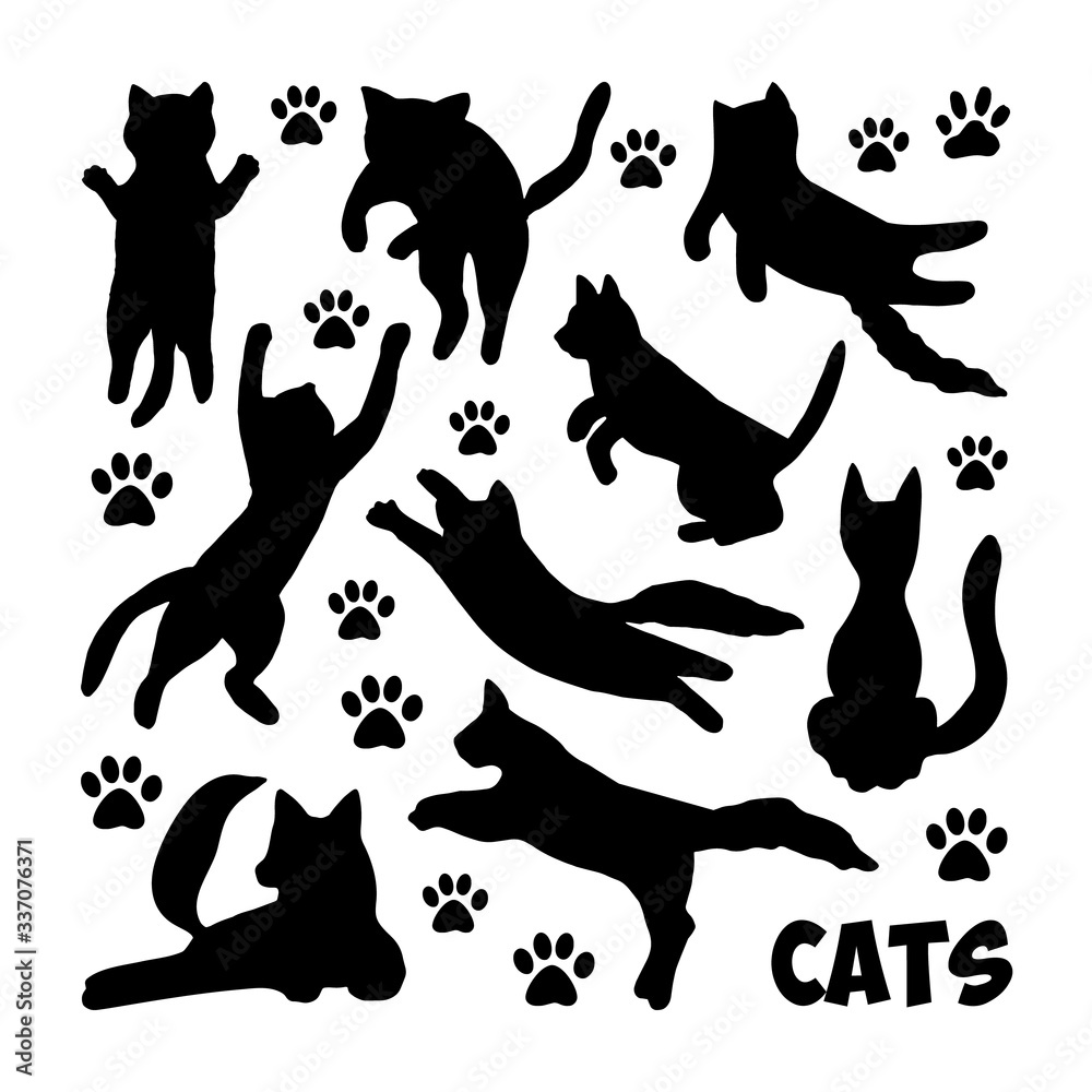 Cute hand drawn cat in jumping motion on white background. Vector adorable animals in trendy Scandinavian style. Funny, cute, hygge illustration for poster, banner, print, decoration kids playroom. Cute hand drawn cat in jumping motion on white background. Vector adorable animals in trendy Scandinavian style. Funny, cute, hygge illustration for poster, banner, print, decoration kids playroom.