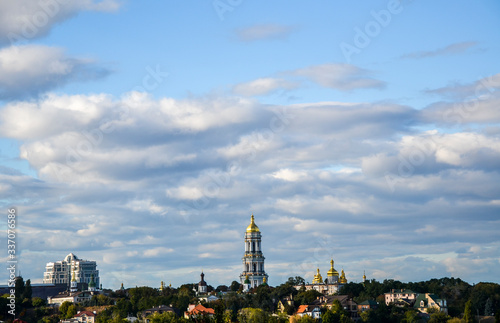 Kyiv cityscape with with Kyiv Pechersk Lavra monastery of the Caves, and it’s bell tower Great Belfry. Ukraine. 
