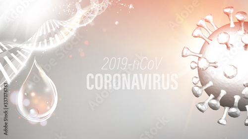 Computer model of Coronavirus in futuristic rays inside human DNA genome over violet background. 3d model of virus 19-nCov. Medical illustration.