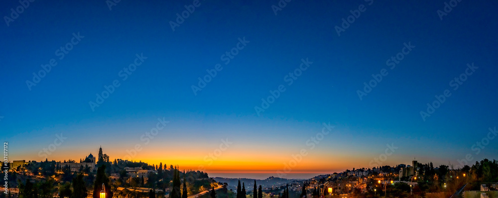 Panoramic Sunset over City, Town 