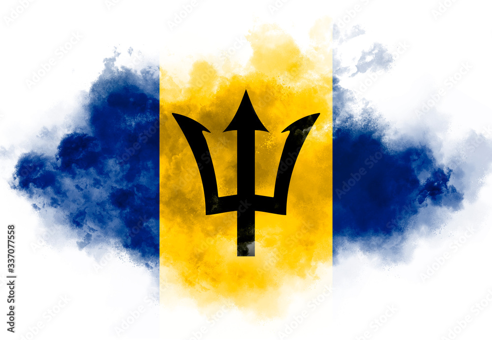 Flag of Barbados performed from color smoke on the white background. Abstract symbol.