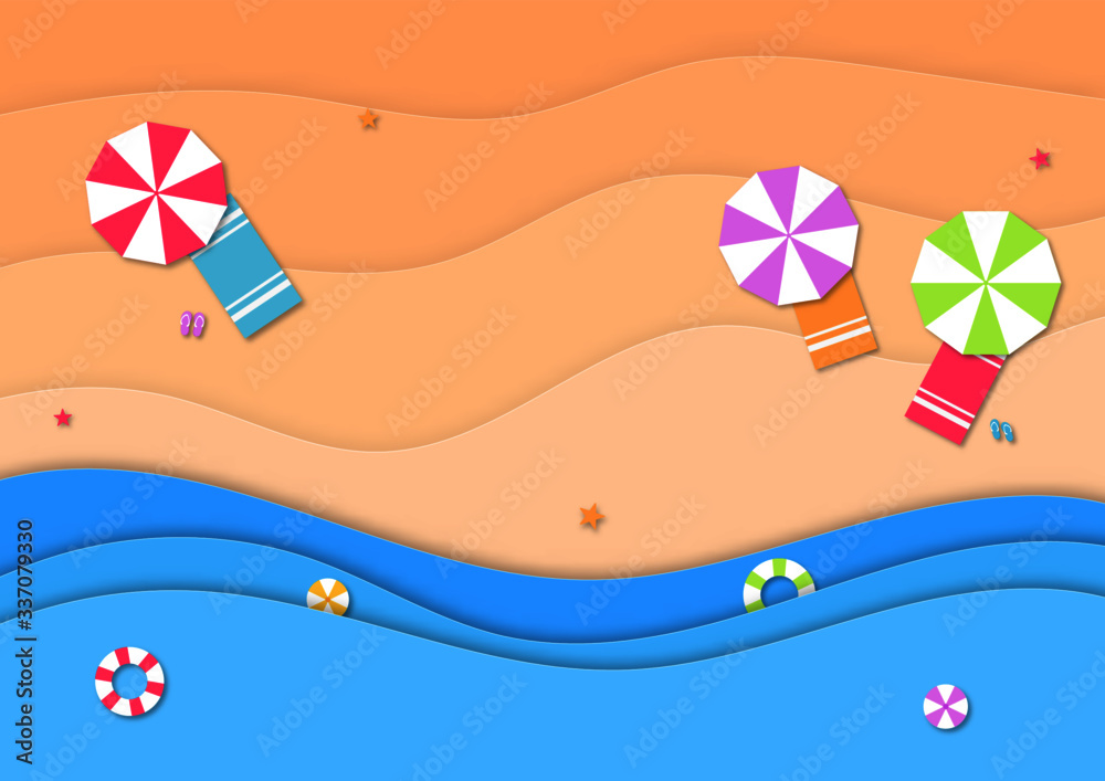 hello summer with beach landscape background. paper art style. vector Illustration.