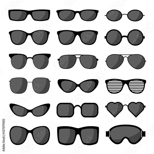 Sunglasses icon set template. Black sunglass, mens and women dark glasses silhouette. Vector illustration.