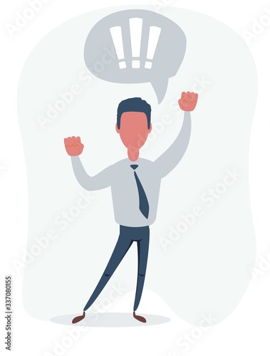 Casual business man happy excited hold hand fist up shouting, young handsome guy full length isolated background. Vector flat design illustration.