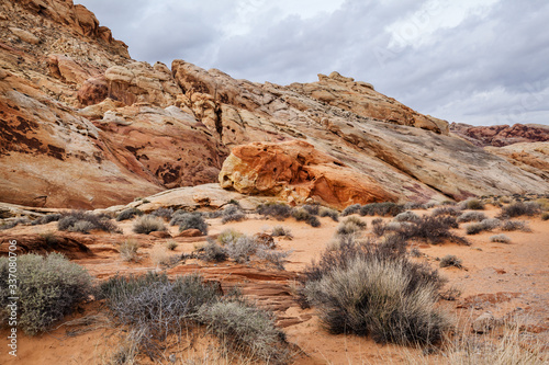 Landscape of stone desert and rock formations at Valley of Fire State Park in southern Nevada