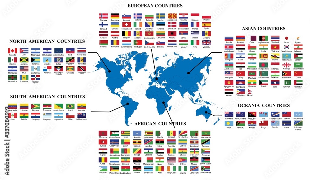 World flags and world map.Map of world and flags of the countries by ...