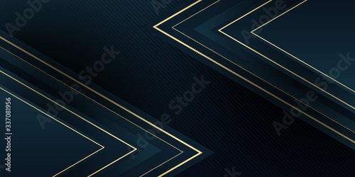 Vector luxury tech background. Stack of black paper material layer with gold stripe. Arrow shape premium wallpaper. Dark black neutral gradient abstract background vector for presentation design