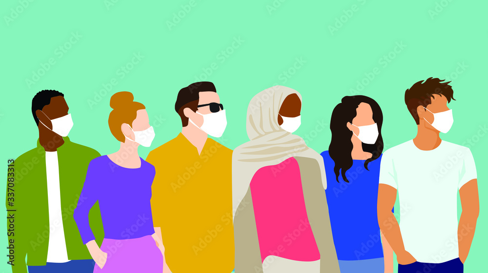 Obraz premium Group of People Wearing Protective Medical Face Masks, Standing sideways looking away, faceless flat digital vector illustration