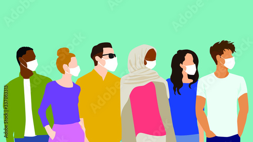 Group of People Wearing Protective Medical Face Masks, Standing sideways looking away, faceless flat digital vector illustration