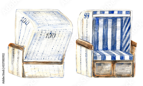Beach set with 2 beach chairs, white and blue striped fabric. Isolated elements on a white background.  Stock illustration. 
Hand painted in watercolor.