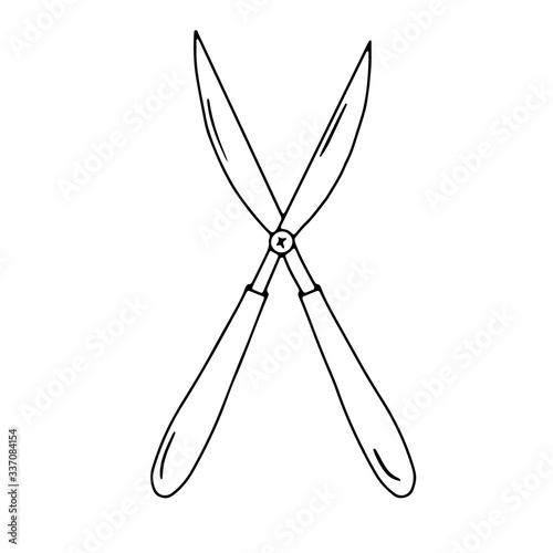 Hand drawn vector isolated garden pruner  icon. Black outline  secateurs illustration. Gardening tools. 