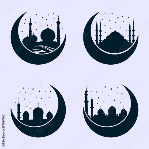 Canvas Print Mosque silhouette on crescent moon isolated on white background