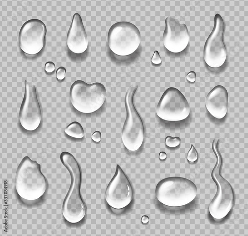 Water drops realistic set Transparent rain drips, condensation bubbles surface isolated