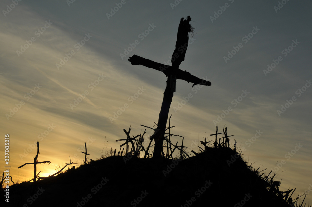 Cross silhouettes on a sunset background