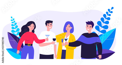 Young friends drinking cocktails at party flat vector illustration. Happy teenager characters smiling, rousing cheers together and celebrating. Alcohol drink and friendship concept