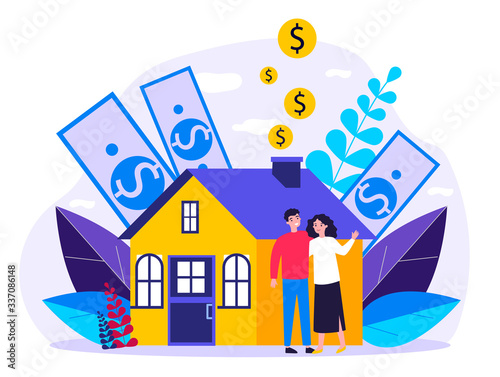 People buying property with bank credit. Savings of young couple falling into house chimney. Vector illustration for mortgage, ownership, rent, investment concept