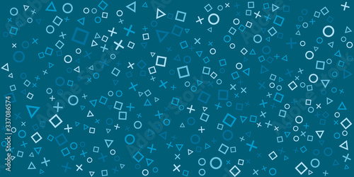 Square dot confetti triangle playstation icon decorative abstract horizontal banner with blue background. 