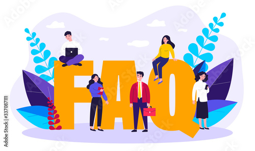 FAQ giant letters. Frequently asked questions page template. Users searching useful information, instruction for problem solving. Vector illustration for help, support, assistance concept