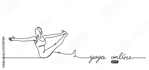 Yoga online lettering. Vector web banner with woman illustration. Join button. Simple yoga background.One continuous line drawing.