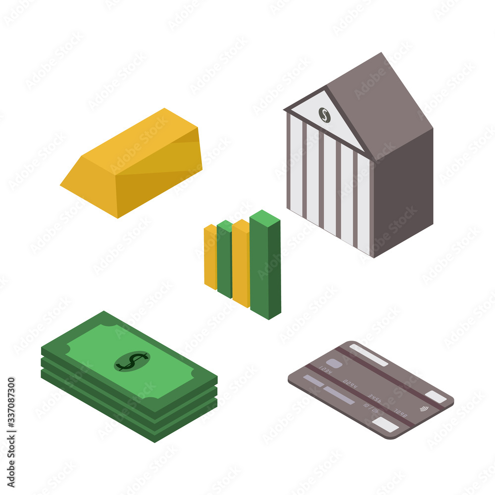Set of isometric icons on the theme of deposit. Gold, bank, chart, bank card, dollar isolated on white background. Set of isometric icons on the theme of deposit. Gold, bank, chart, bank card, dollar isolated on white background.
