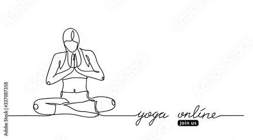 Woman, girl in yoga concentration pose. Yoga online lettering. Vector web banner with woman illustration. Join button. Minimalist yoga banner. One continuous line drawing.