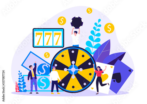 Happy people playing poker. Gamblers with chips and cards gathering at roulette, winning money. Vector illustration for online casino, gamble, risk concept