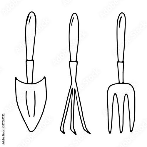 Hand drawn vector isolated garden inventory icon. Black outline illustration of gardening tools: shovel, rake, pitch fork.