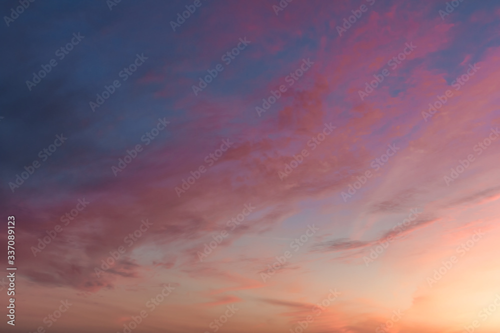 Evening Colorful Sky with Clouds. Sweet Heaven. Purple Texture. Abstract Background. Pastel Pink Color. Golden Hours Sky. Nature Wallpaper. Beautiful Sunset or Sunrise. Scenic Morning. Gradient