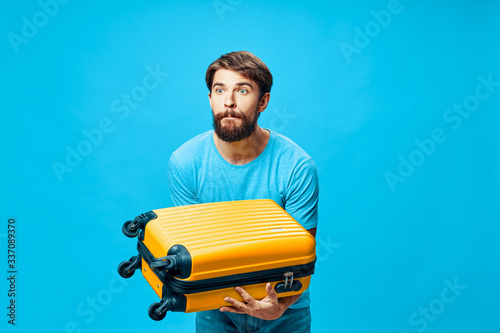 Bearded man suitcase on vacation